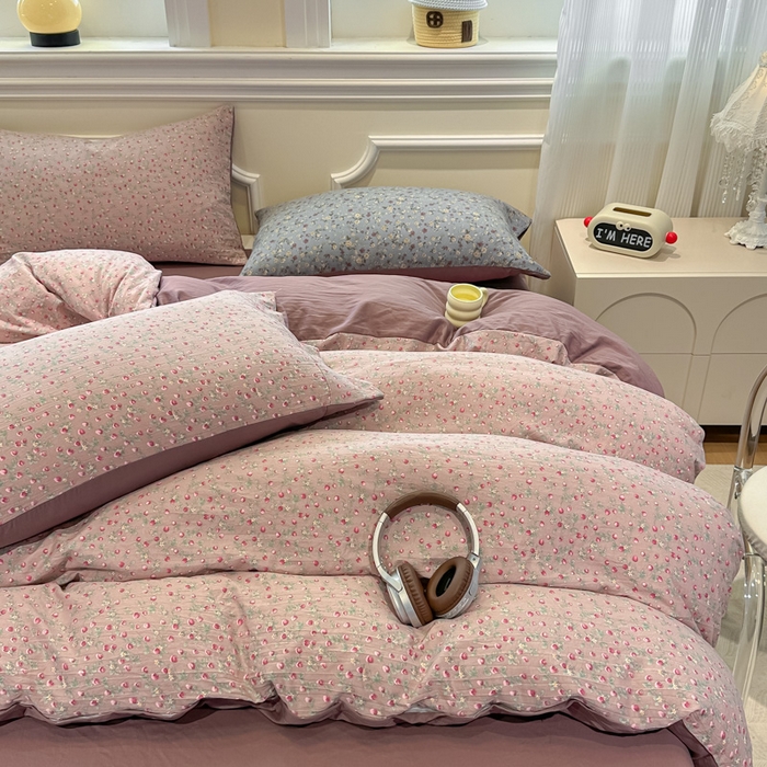 91家纺网 家纺一手货源 找家纺 爱彼家纺 2025新款中古风亚麻水洗棉四件套-玫瑰系列-纽扣款 玫瑰-暖熙之境