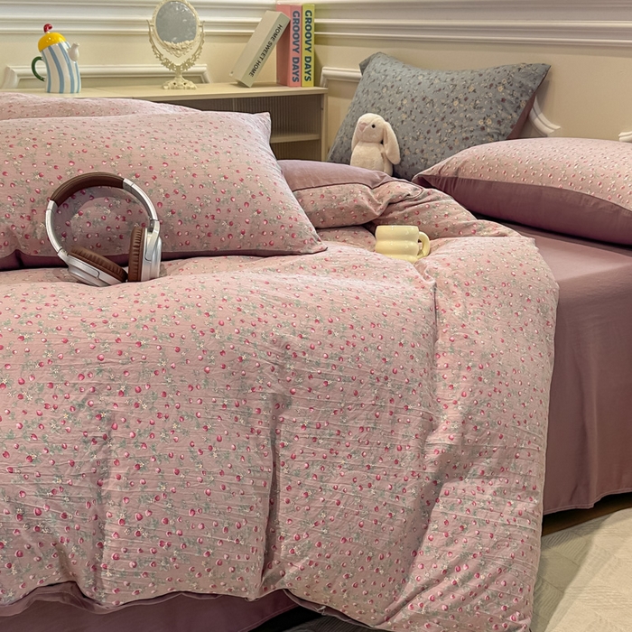 91家纺网 家纺一手货源 找家纺 爱彼家纺 2025新款中古风亚麻水洗棉四件套-玫瑰系列-纽扣款 玫瑰-暖熙之境