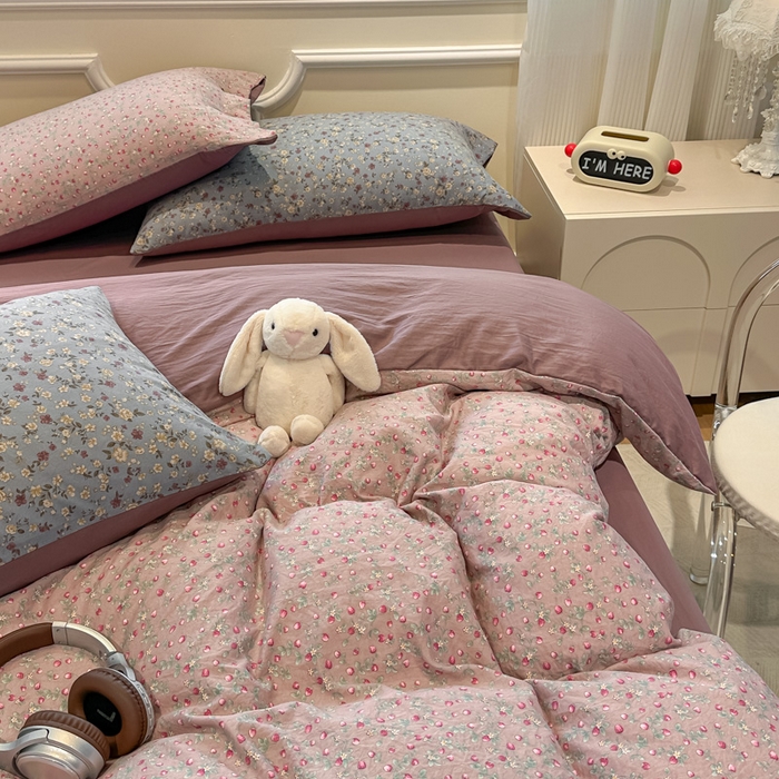 91家纺网 家纺一手货源 找家纺 爱彼家纺 2025新款中古风亚麻水洗棉四件套-玫瑰系列-纽扣款 玫瑰-暖熙之境