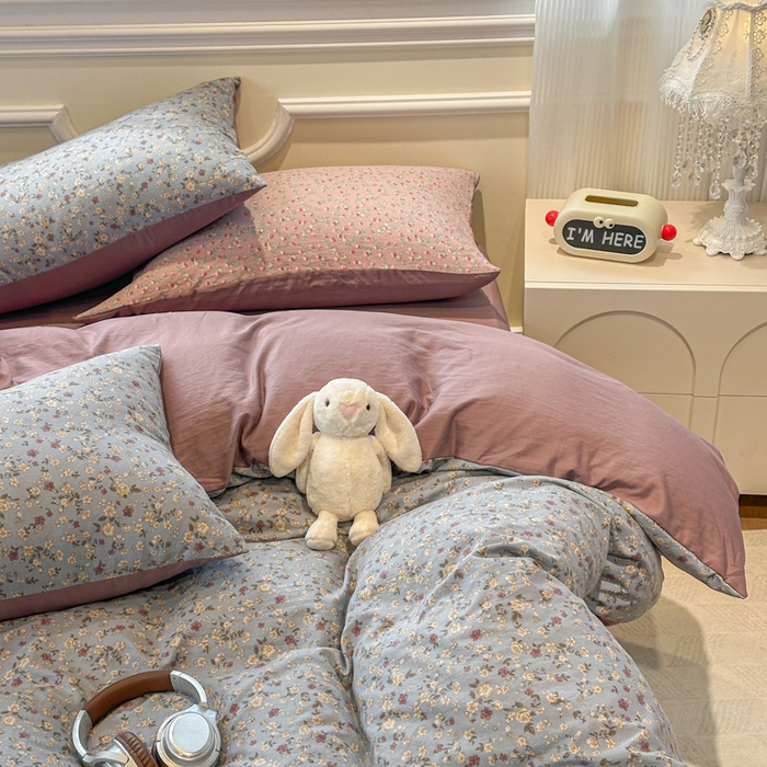 91家纺网 家纺一手货源 找家纺 （总）爱彼家纺 2025新款中古风亚麻水洗棉四件套-玫瑰系列-纽扣款