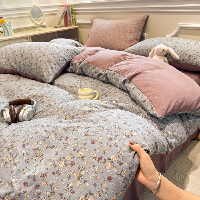 91家纺网 家纺一手货源 找家纺 爱彼家纺 2025新款中古风亚麻水洗棉四件套-玫瑰系列-纽扣款 玫瑰-碎花漫语