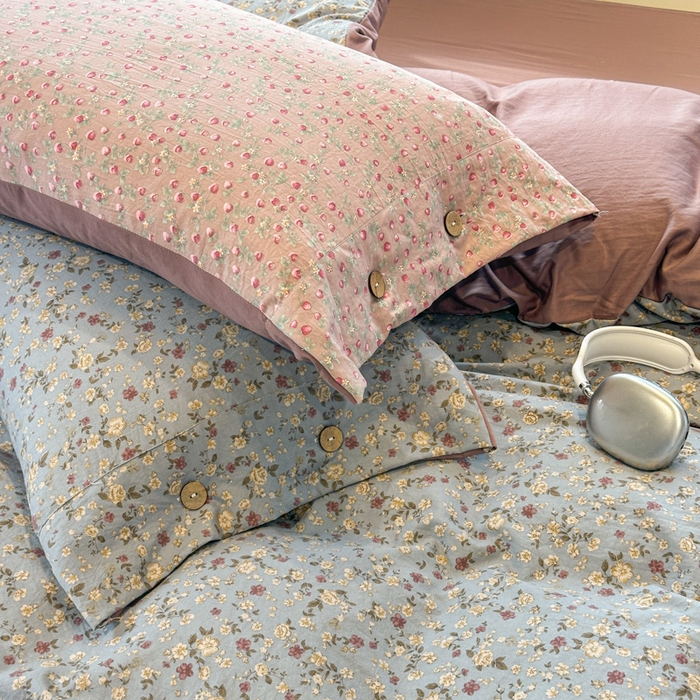 91家纺网 家纺一手货源 找家纺 爱彼家纺 2025新款中古风亚麻水洗棉四件套-玫瑰系列-纽扣款 玫瑰-碎花漫语