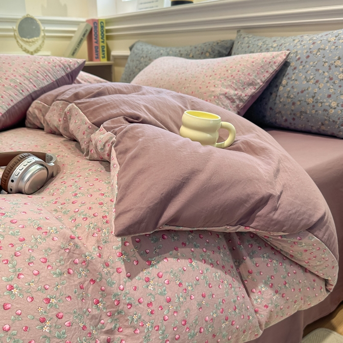 91家纺网 家纺一手货源 找家纺 爱彼家纺 2025新款中古风亚麻水洗棉四件套-玫瑰系列-纽扣款 玫瑰-暖熙之境