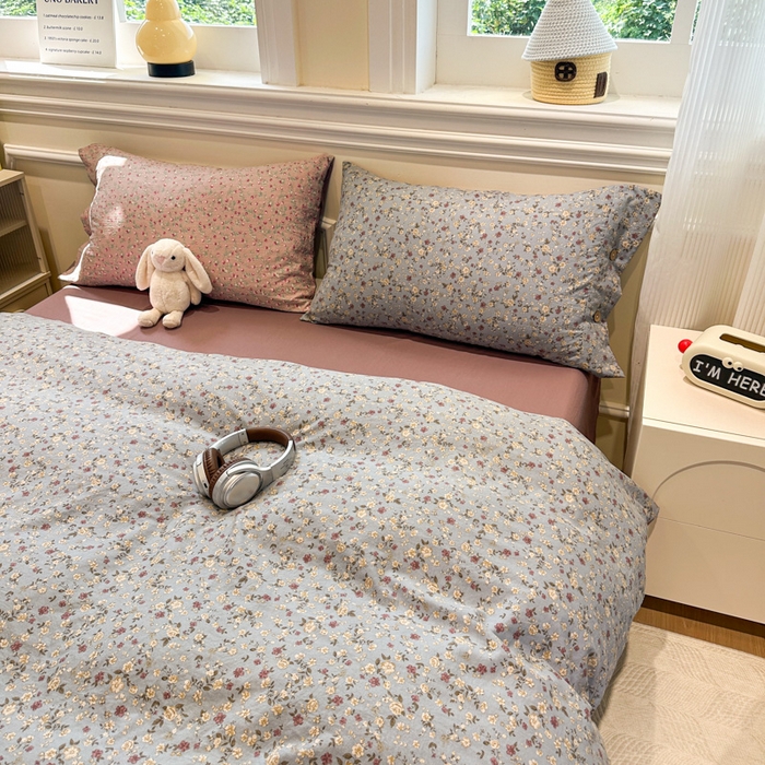 91家纺网 家纺一手货源 找家纺 爱彼家纺 2025新款中古风亚麻水洗棉四件套-玫瑰系列-纽扣款 玫瑰-碎花漫语