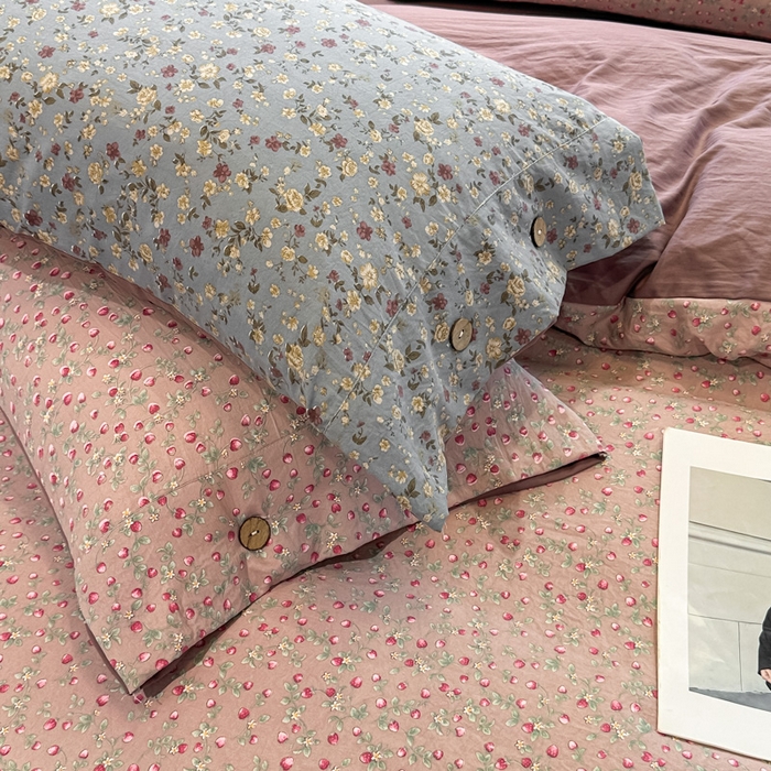 91家纺网 家纺一手货源 找家纺 爱彼家纺 2025新款中古风亚麻水洗棉四件套-玫瑰系列-纽扣款 玫瑰-暖熙之境