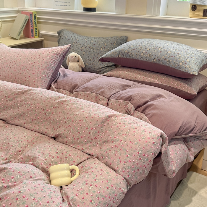 91家纺网 家纺一手货源 找家纺 爱彼家纺 2025新款中古风亚麻水洗棉四件套-玫瑰系列-纽扣款 玫瑰-暖熙之境