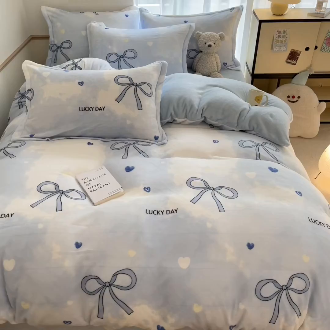 91家纺网 家纺一手货源 找家纺 寻米 2025新款高克重加厚保暖牛奶绒四件套-第二批 梦幻蝴蝶结