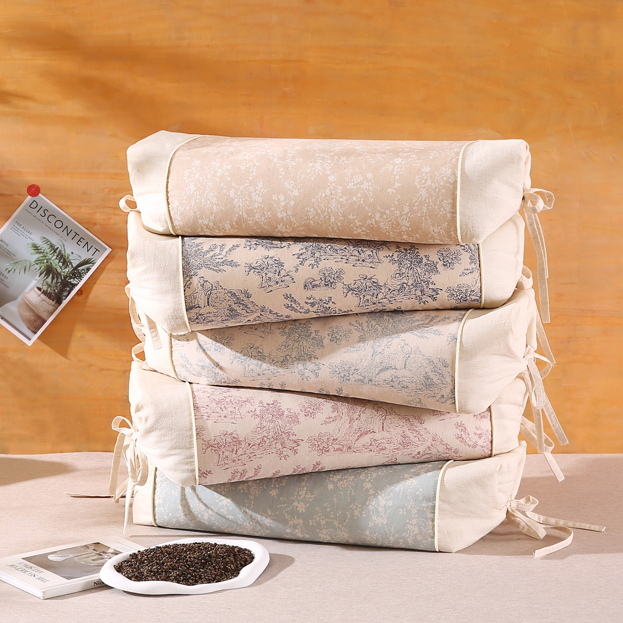 91家纺网 家纺一手货源 找家纺 （总）梵希良品家纺 2025新款枕头护颈椎国潮棉麻系带款纯荞麦壳可拆卸可替换内胆助睡眠枕头枕芯