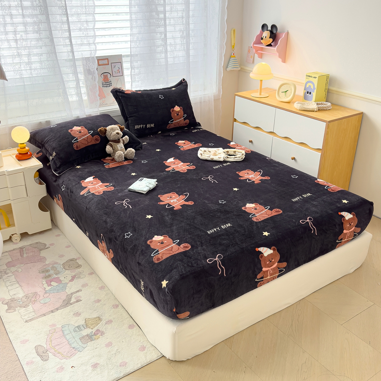 91家纺网 家纺一手货源 找家纺 久云居 2025新款高克重牛奶绒床笠 小熊星梦