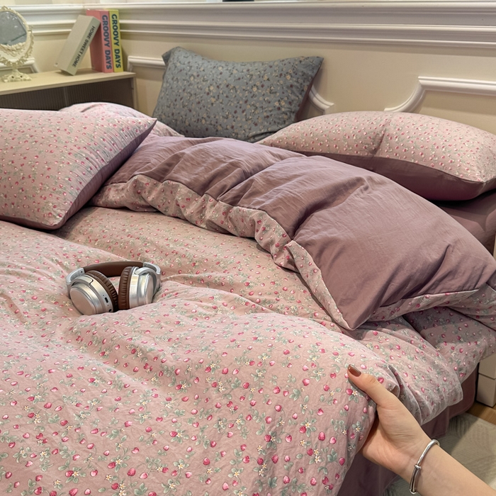 91家纺网 家纺一手货源 找家纺 爱彼家纺 2025新款中古风亚麻水洗棉四件套-玫瑰系列-纽扣款 玫瑰-暖熙之境