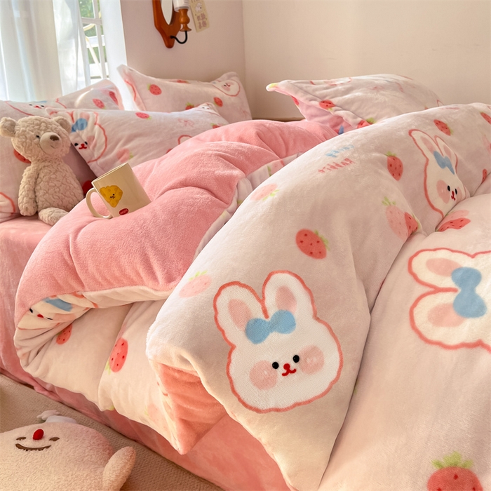 91家纺网 家纺一手货源 找家纺 寻米 2025新款高克重加厚保暖牛奶绒四件套-第二批 蜜可小兔