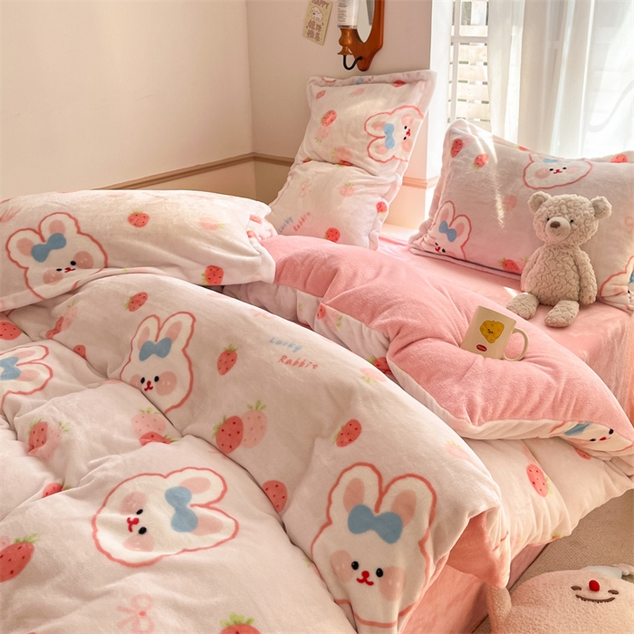 91家纺网 家纺一手货源 找家纺 寻米 2025新款高克重加厚保暖牛奶绒四件套-第二批 蜜可小兔