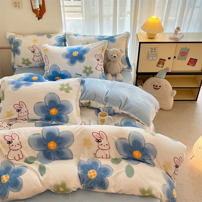 91家纺网 家纺一手货源 找家纺 寻米 2025新款高克重加厚保暖牛奶绒四件套-第二批 绵意小兔