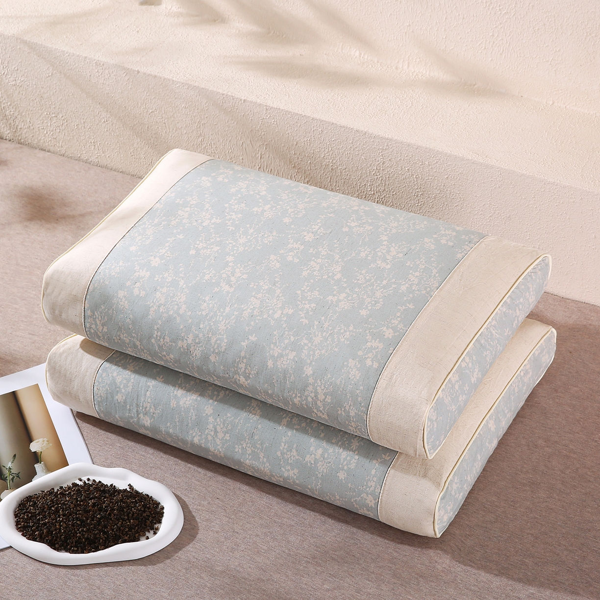 91家纺网 家纺一手货源 找家纺 梵希良品家纺 2025新款枕头护颈椎国潮棉麻纯荞麦壳可拆洗可替换内胆助睡眠枕头枕芯 锦韵-天青色