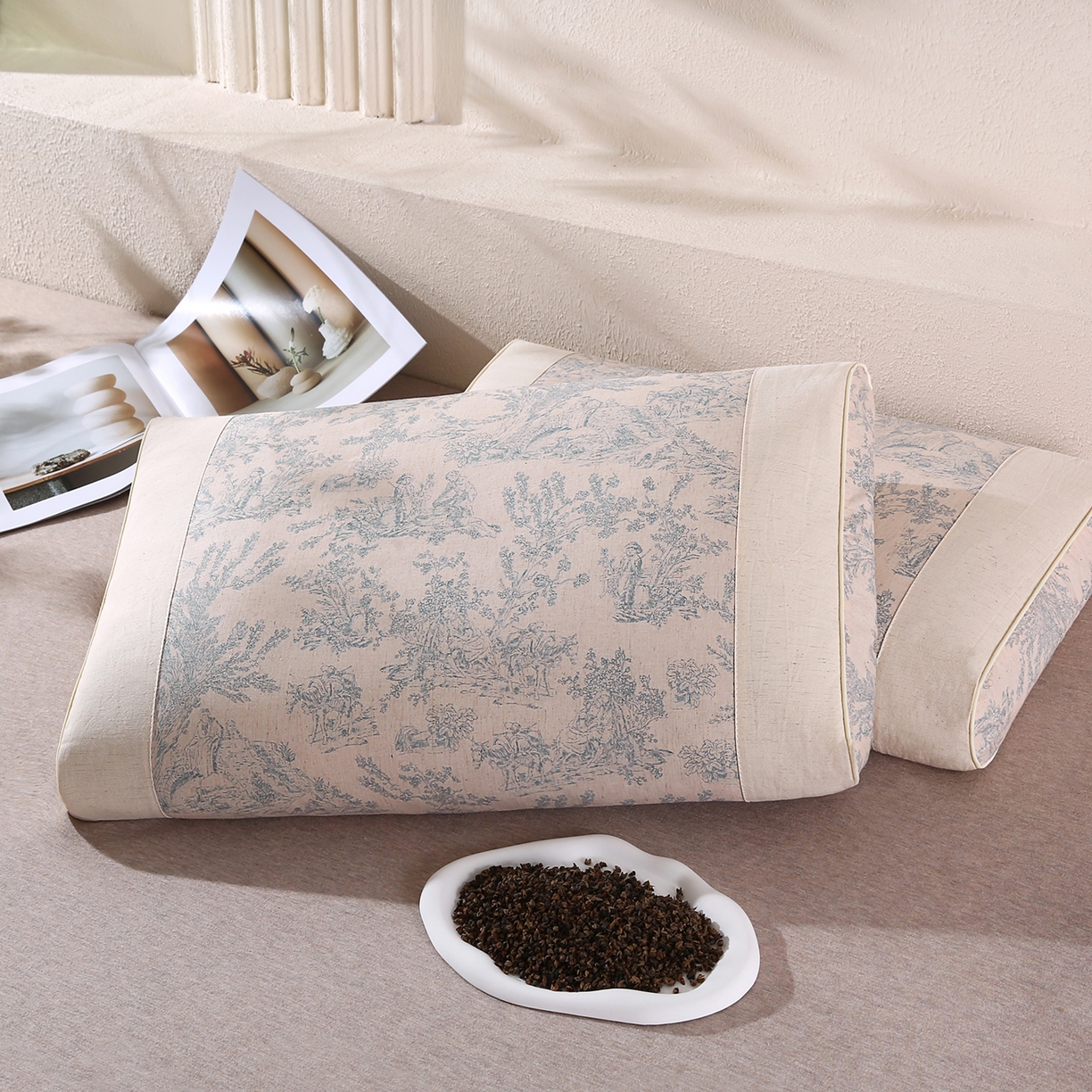 91家纺网 家纺一手货源 找家纺 梵希良品家纺 2025新款枕头护颈椎国潮棉麻纯荞麦壳可拆洗可替换内胆助睡眠枕头枕芯 国风素描-雅兰