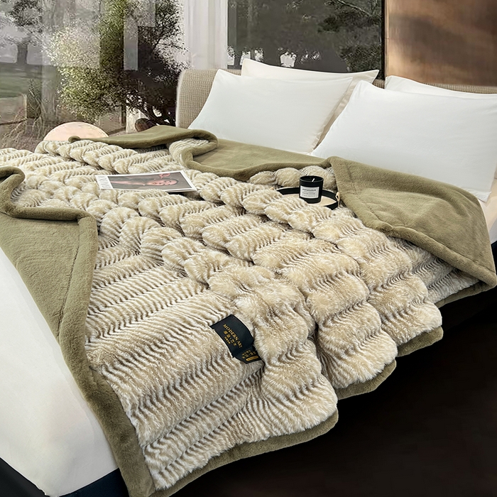 91家纺网 家纺一手货源 找家纺 凯轩毛毯网销专供 2025新款婚庆仿皮草彩波纹艺术毯毛毯毯子-彩波纹 彩波纹-墨绿