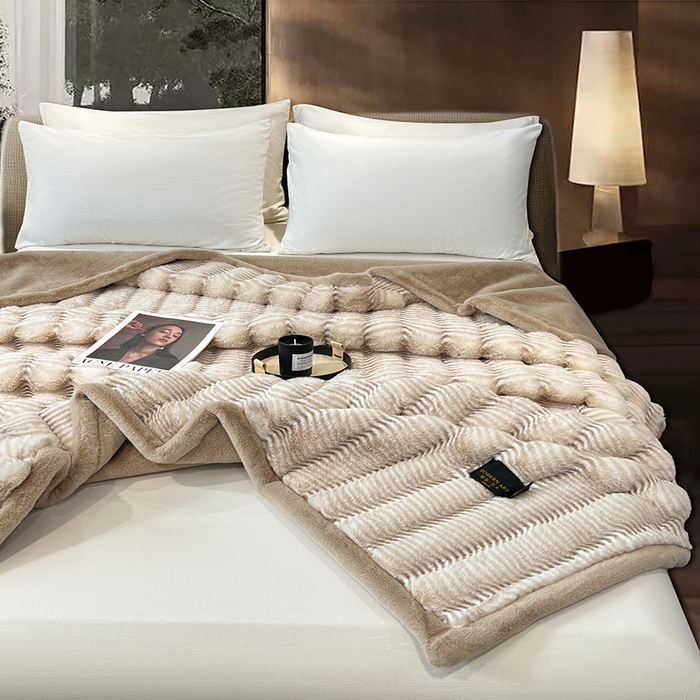 91家纺网 家纺一手货源 找家纺 凯轩毛毯网销专供 2025新款婚庆仿皮草彩波纹艺术毯毛毯毯子-彩波纹 彩波纹-卡其