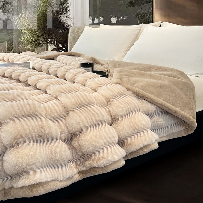 91家纺网 家纺一手货源 找家纺 凯轩毛毯网销专供 2025新款婚庆仿皮草彩波纹艺术毯毛毯毯子-彩波纹 彩波纹-卡其