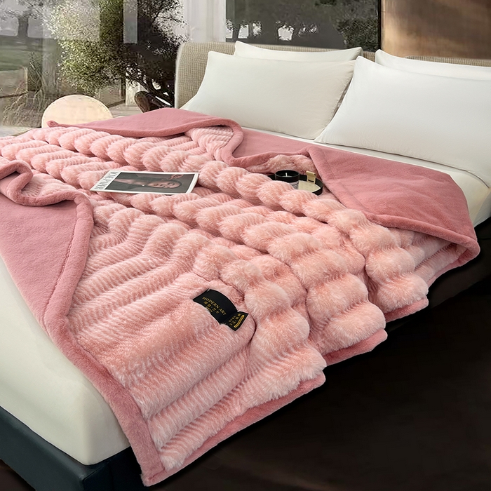 91家纺网 家纺一手货源 找家纺 凯轩毛毯网销专供 2025新款婚庆仿皮草彩波纹艺术毯毛毯毯子-彩波纹 彩波纹-蜜桃粉