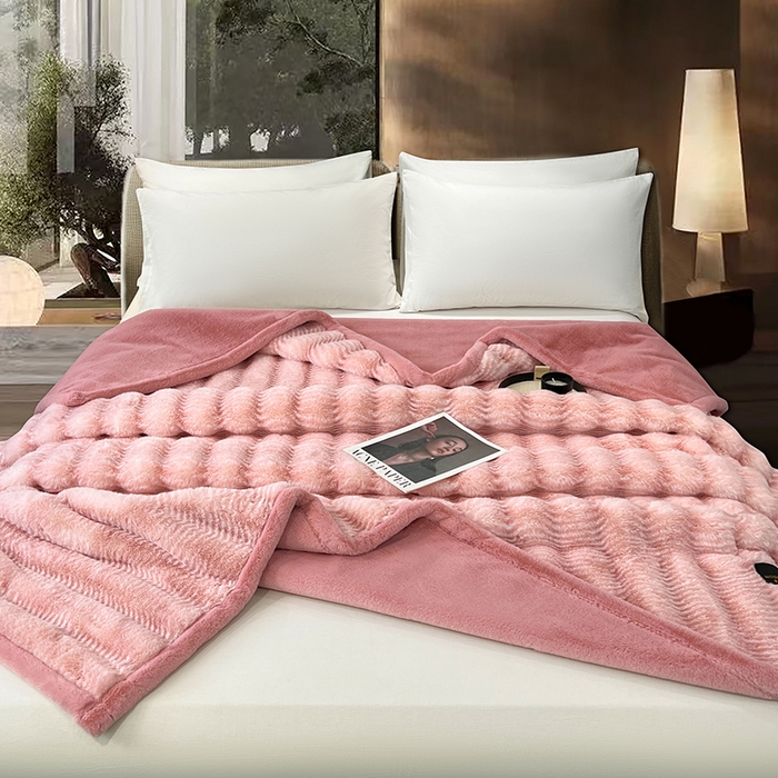 91家纺网 家纺一手货源 找家纺 凯轩毛毯网销专供 2025新款婚庆仿皮草彩波纹艺术毯毛毯毯子-彩波纹 彩波纹-蜜桃粉