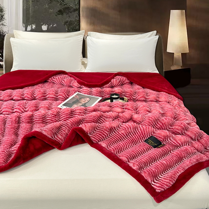 91家纺网 家纺一手货源 找家纺 凯轩毛毯网销专供 2025新款婚庆仿皮草彩波纹艺术毯毛毯毯子-彩波纹 彩波纹-珊瑚红