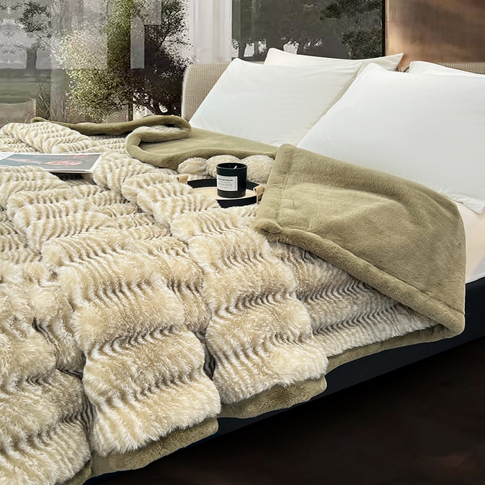 91家纺网 家纺一手货源 找家纺 凯轩毛毯网销专供 2025新款婚庆仿皮草彩波纹艺术毯毛毯毯子-彩波纹 彩波纹-墨绿