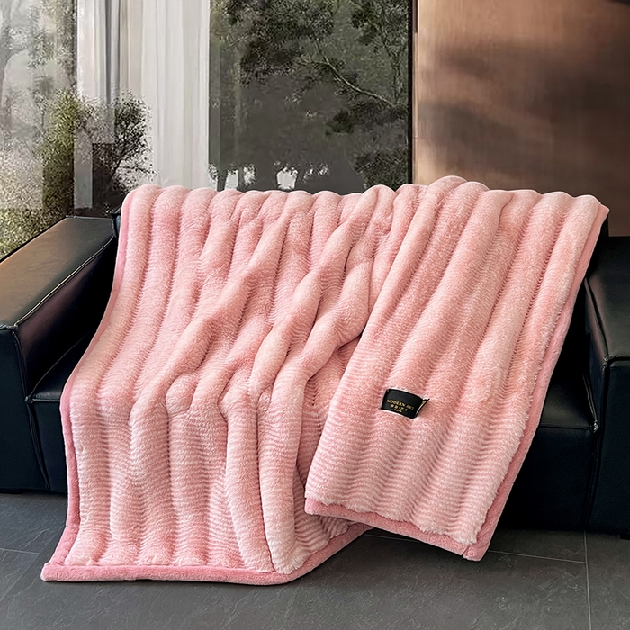 凯轩毛毯网销专供 2025新款婚庆仿皮草彩波纹艺术毯毛毯毯子-彩波纹 彩波纹-蜜桃粉