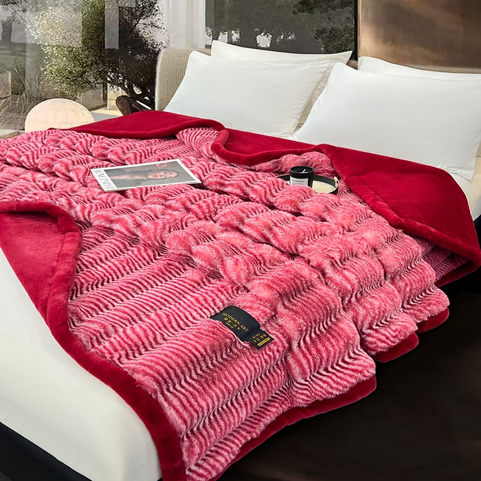 91家纺网 家纺一手货源 找家纺 凯轩毛毯网销专供 2025新款婚庆仿皮草彩波纹艺术毯毛毯毯子-彩波纹 彩波纹-珊瑚红