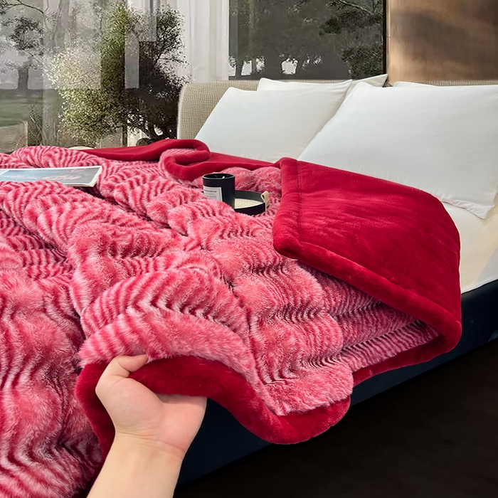 91家纺网 家纺一手货源 找家纺 凯轩毛毯网销专供 2025新款婚庆仿皮草彩波纹艺术毯毛毯毯子-彩波纹 彩波纹-珊瑚红
