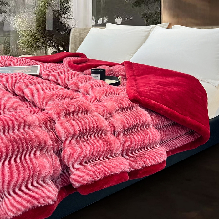 91家纺网 家纺一手货源 找家纺 凯轩毛毯网销专供 2025新款婚庆仿皮草彩波纹艺术毯毛毯毯子-彩波纹 彩波纹-珊瑚红