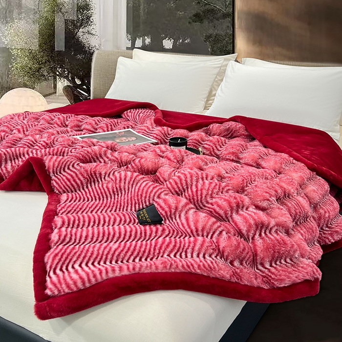 91家纺网 家纺一手货源 找家纺 凯轩毛毯网销专供 2025新款婚庆仿皮草彩波纹艺术毯毛毯毯子-彩波纹 彩波纹-珊瑚红