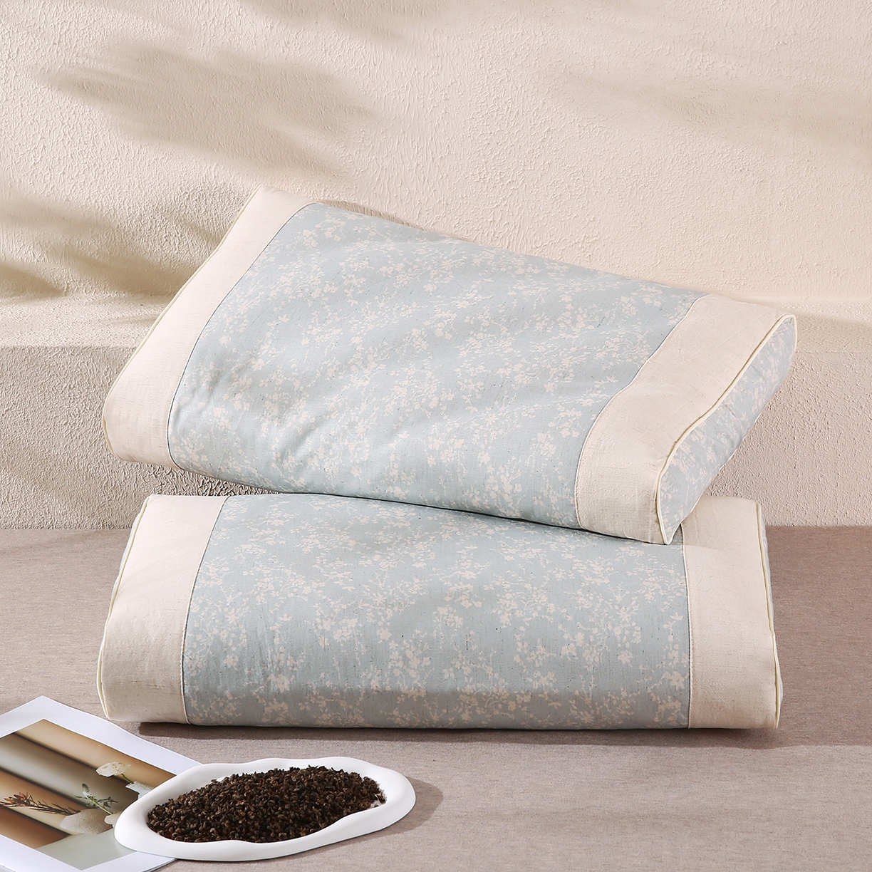 91家纺网 家纺一手货源 找家纺 梵希良品家纺 2025新款枕头护颈椎国潮棉麻纯荞麦壳可拆洗可替换内胆助睡眠枕头枕芯 锦韵-天青色