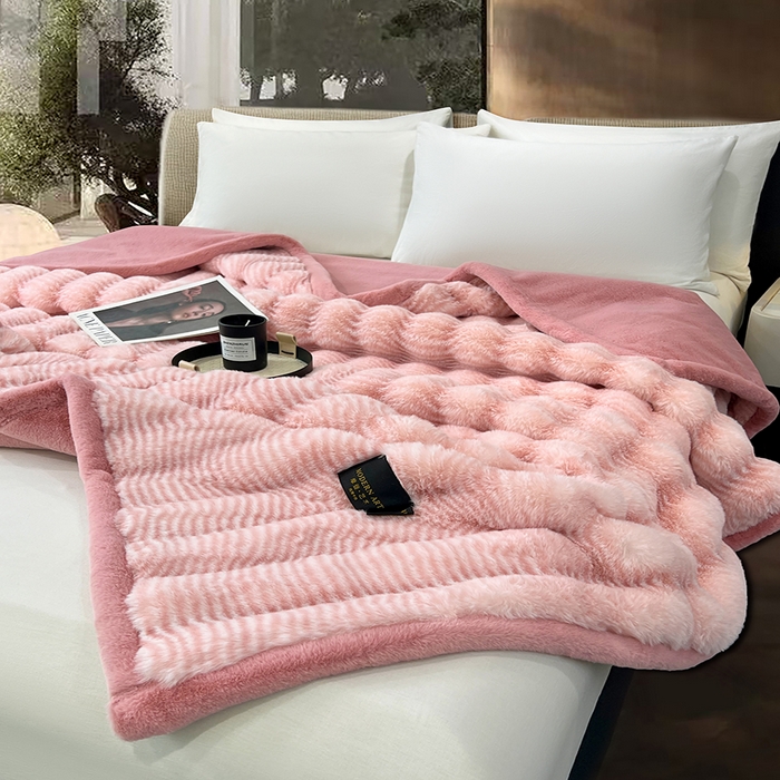 91家纺网 家纺一手货源 找家纺 凯轩毛毯网销专供 2025新款婚庆仿皮草彩波纹艺术毯毛毯毯子-彩波纹 彩波纹-蜜桃粉