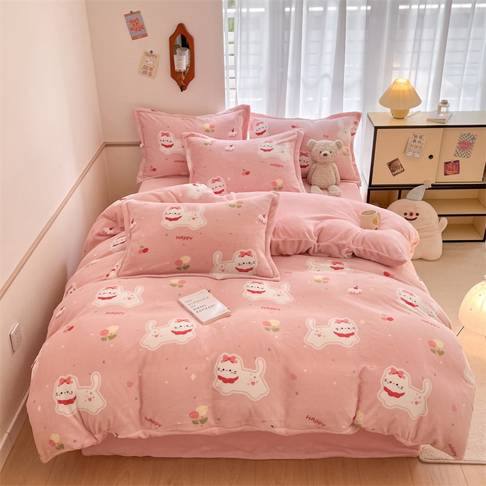 91家纺网 家纺一手货源 找家纺 寻米 2025新款高克重加厚保暖牛奶绒四件套-第二批 甜味小猫