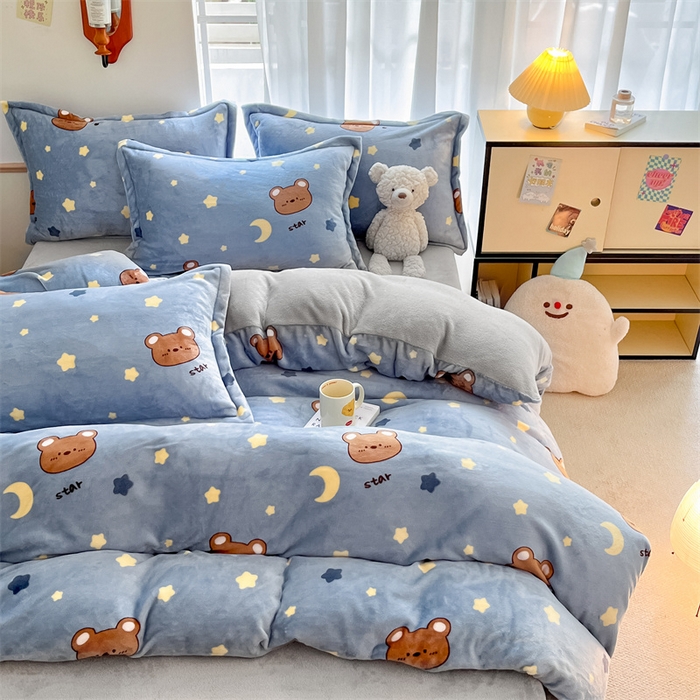 91家纺网 家纺一手货源 找家纺 寻米 2025新款高克重加厚保暖牛奶绒四件套-第二批 晚安小熊-灰