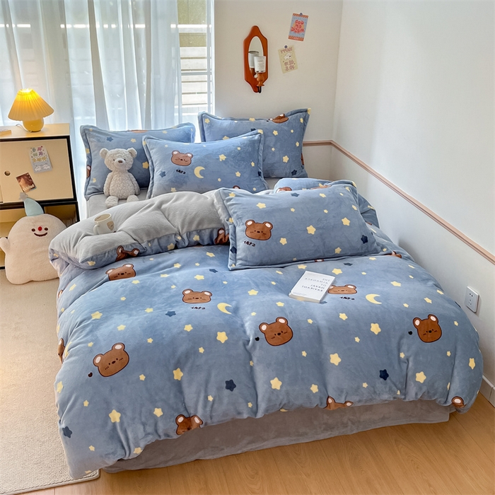 91家纺网 家纺一手货源 找家纺 寻米 2025新款高克重加厚保暖牛奶绒四件套-第二批 晚安小熊-灰