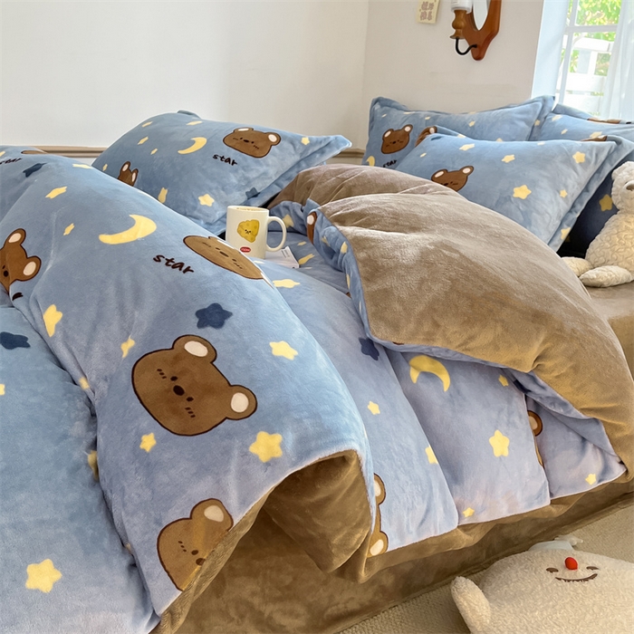 寻米 2025新款高克重加厚保暖牛奶绒四件套-第二批 晚安小熊-咖