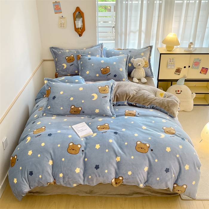 91家纺网 家纺一手货源 找家纺 寻米 2025新款高克重加厚保暖牛奶绒四件套-第二批 晚安小熊-咖