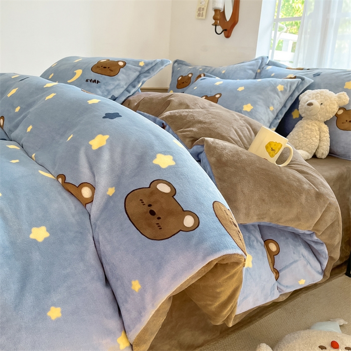 91家纺网 家纺一手货源 找家纺 寻米 2025新款高克重加厚保暖牛奶绒四件套-第二批 晚安小熊-咖
