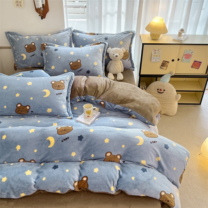 91家纺网 家纺一手货源 找家纺 寻米 2025新款高克重加厚保暖牛奶绒四件套-第二批 晚安小熊-咖