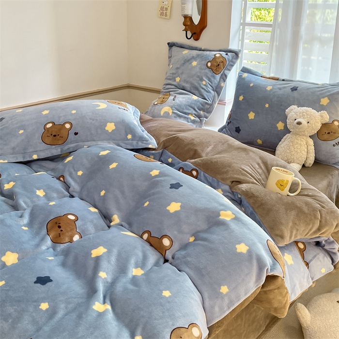 91家纺网 家纺一手货源 找家纺 寻米 2025新款高克重加厚保暖牛奶绒四件套-第二批 晚安小熊-咖