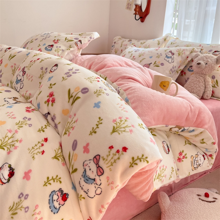 寻米 2025新款高克重加厚保暖牛奶绒四件套-第二批 小狗茶园-粉