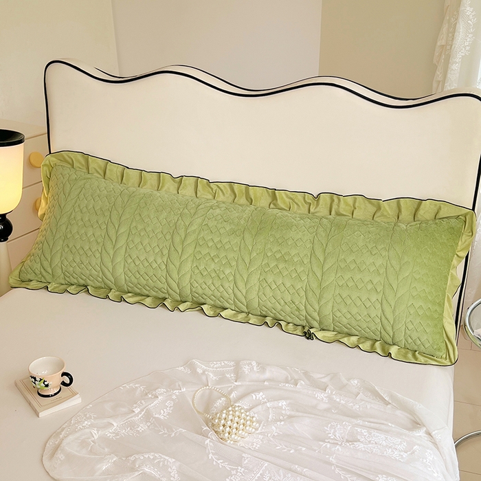 91家纺网 家纺一手货源 找家纺 梦舒羽 2025新款牛奶绒夹棉花边枕套情侣双人加长枕芯套枕头套-轻奢 花边轻奢款-果绿