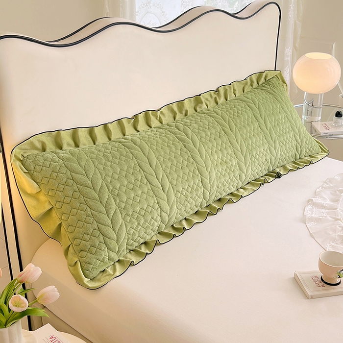 91家纺网 家纺一手货源 找家纺 梦舒羽 2025新款牛奶绒夹棉花边枕套情侣双人加长枕芯套枕头套-轻奢 花边轻奢款-果绿