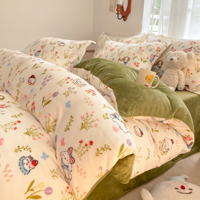 寻米 2025新款高克重加厚保暖牛奶绒四件套-第二批 小狗茶园-绿