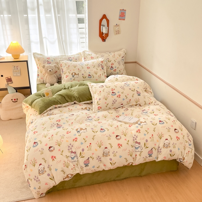 91家纺网 家纺一手货源 找家纺 寻米 2025新款高克重加厚保暖牛奶绒四件套-第二批 小狗茶园-绿