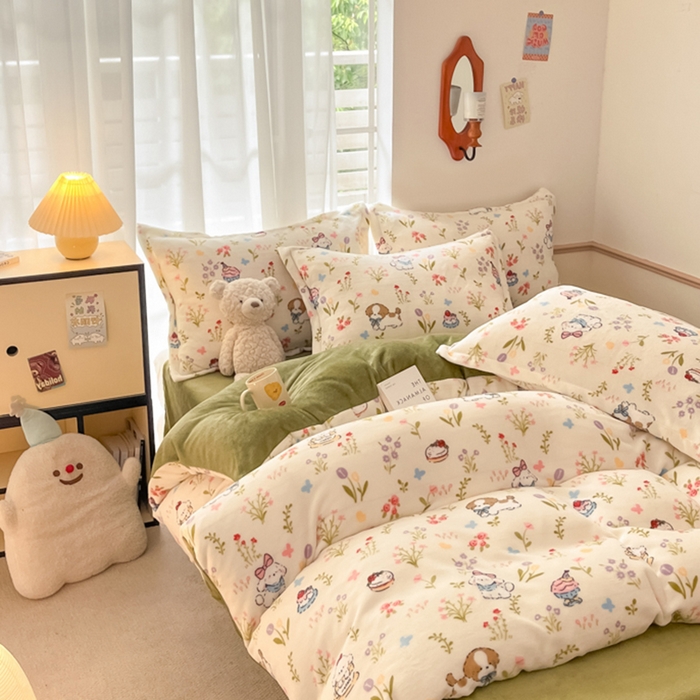 91家纺网 家纺一手货源 找家纺 寻米 2025新款高克重加厚保暖牛奶绒四件套-第二批 小狗茶园-绿