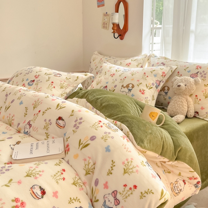 91家纺网 家纺一手货源 找家纺 寻米 2025新款高克重加厚保暖牛奶绒四件套-第二批 小狗茶园-绿