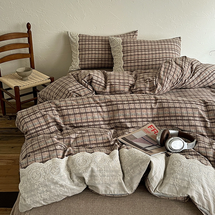 91家纺网 家纺一手货源 找家纺 梵克保罗 2025新款亚麻复古花边系列四件套 茶巷