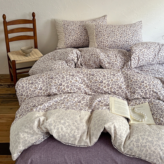 91家纺网 家纺一手货源 找家纺 梵克保罗 2025新款亚麻复古花边系列四件套 花予-紫